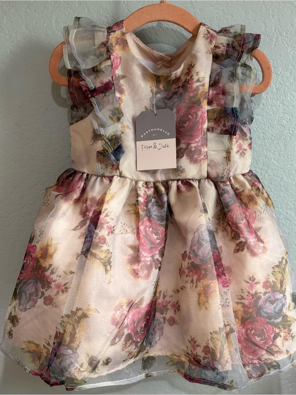 Pippa & Julie Cream Floral Organza Dress with Pink Roses and Green Leaves